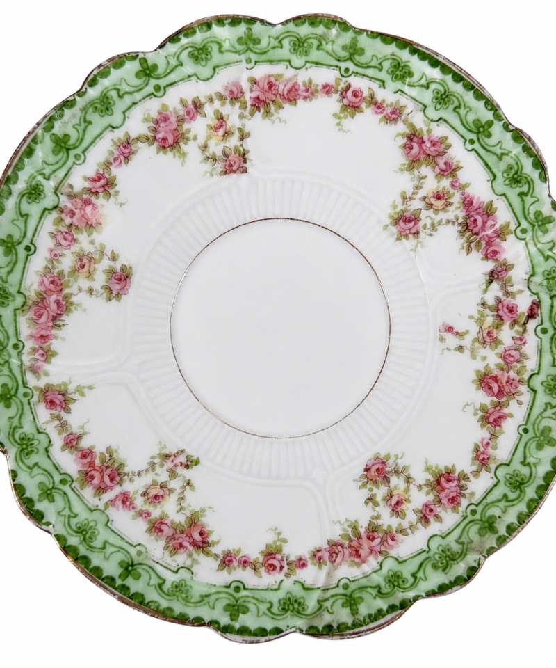 Antique German Porcelain Rose Saucer, Pink Rose Garland & Green Scroll Border, Gilt Scalloped Rim, c. 1900