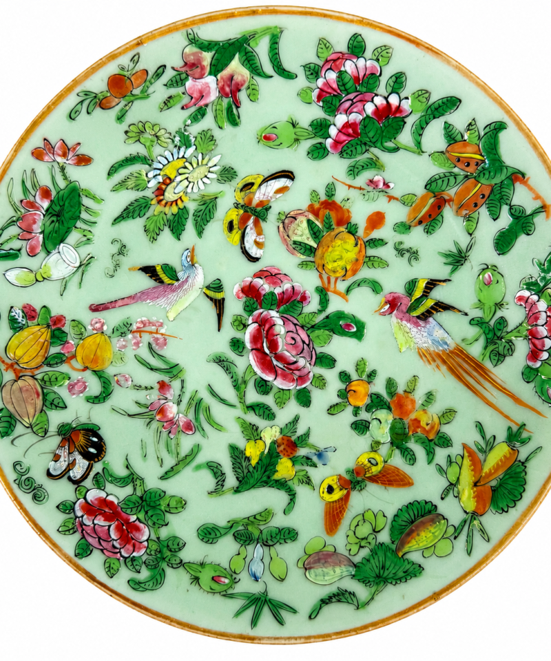 Chinese Rose Canton Famille Rose Plate on Celadon Ground, Birds, Butterflies & Flowers, Blue Seal Mark