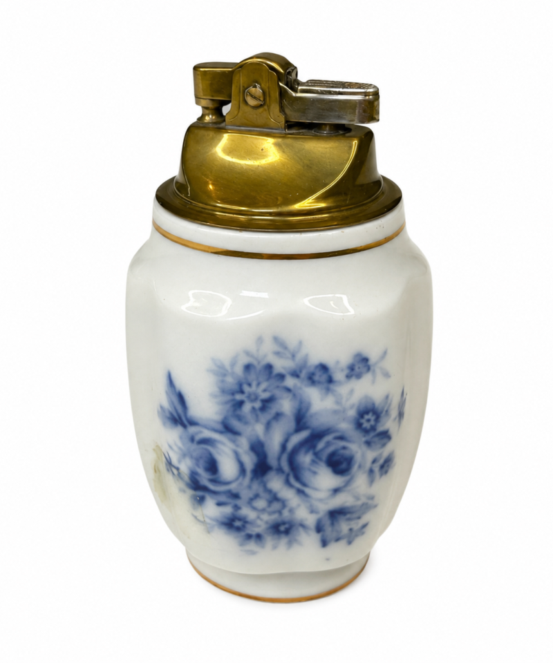Vintage Enesco Porcelain Table Lighter, Blue Rose Bouquet with Gold Trim — Made in Japan