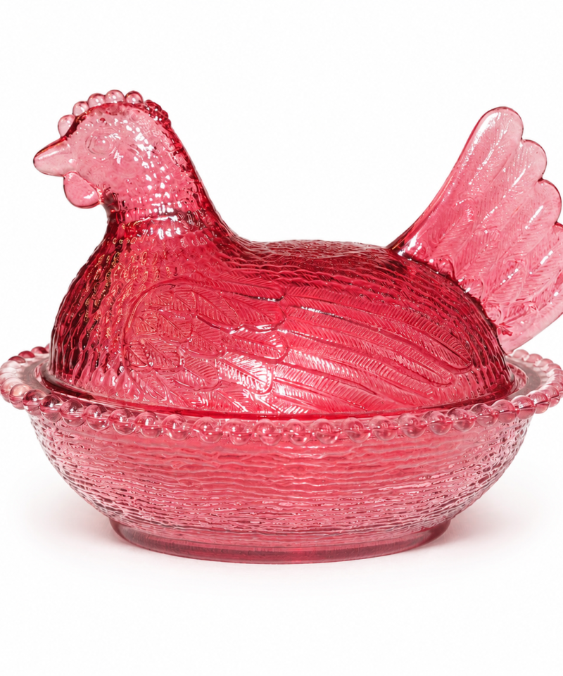 Vintage Indiana Glass Cranberry Hen on Nest Covered Dish, Beaded Rim, 7"