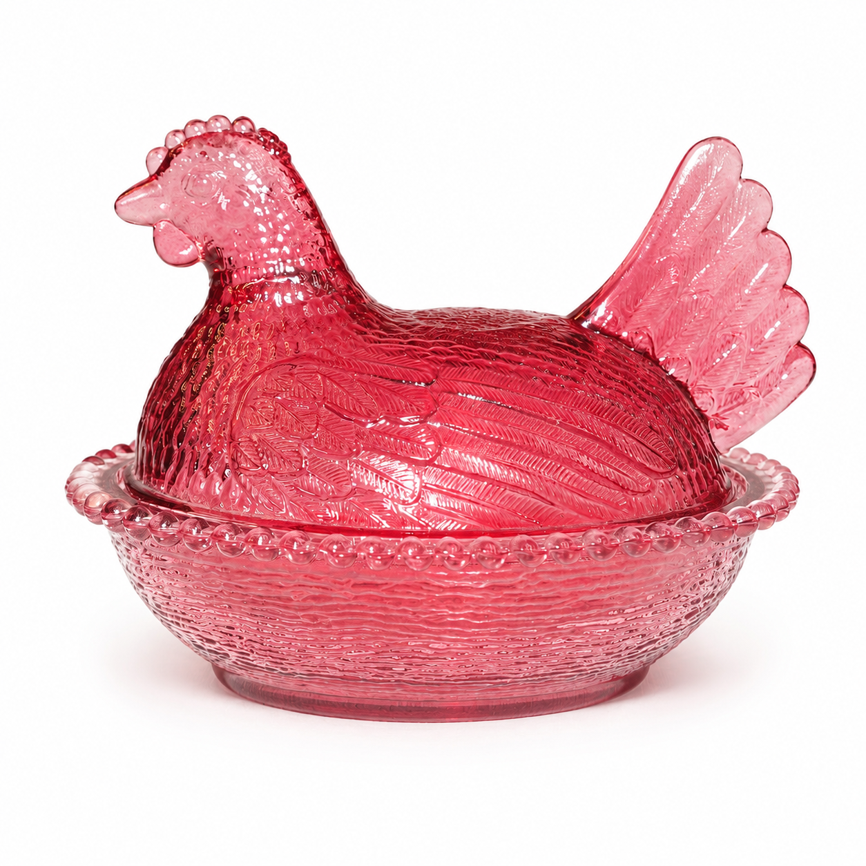 Vintage Indiana Glass Cranberry Hen on Nest Covered Dish, Beaded Rim, 7"