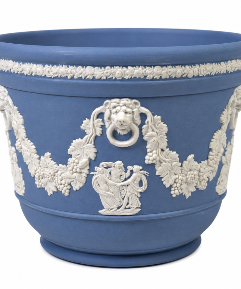 Wedgwood Blue Jasperware Jardinière Cachepot, Lion-Mask Handles & Grapevine Festoons, Neoclassical Figures, Made in England