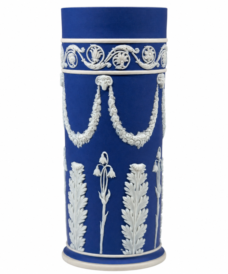Wedgwood Dark Blue Jasperware Spill Vase, Ram's-Head Festoons & Bellflower Relief, Made in England — Decorative (As-Is)