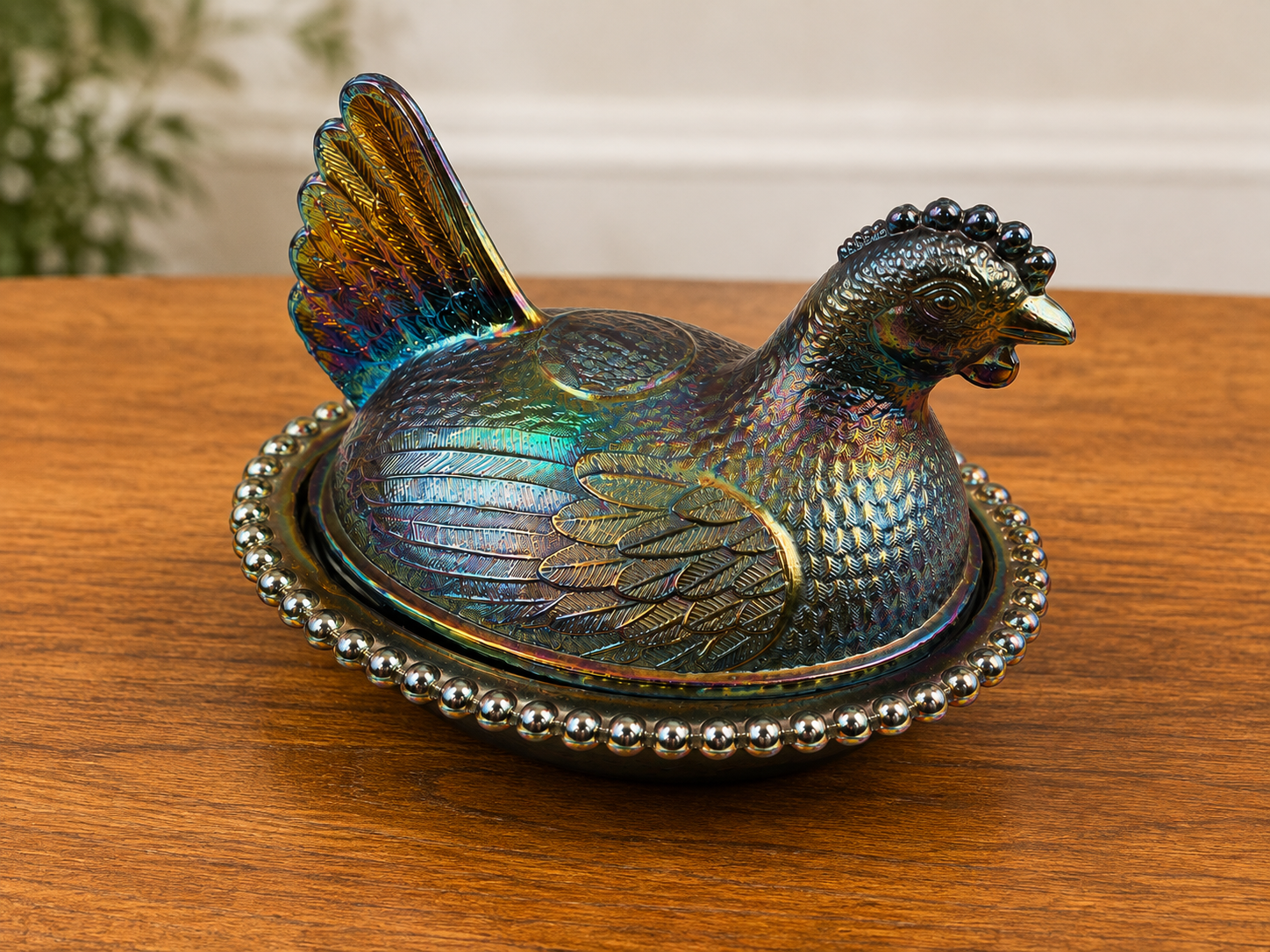 Vintage Iridescent Carnival Glass Hen Covered Dish with Beaded Edge